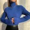Женские свитера, тонкий вязаный свитер с высоким воротником, повседневный женский джемпер с длинными рукавами, осень-зима 2023, синий женский укороченный пуловер, топ