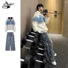 Survêtements pour hommes INS High Street Set Hommes Femmes Vintage Patchwork Rayé Polo Col Pull Hip Hop Trou Lâche Jeans À Jambes Larges Deux Pièces