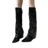 Spicy girl style boots, children's long boots with a height of no more than knee height, showing a slimming black patent leather pointed sloping heel pants boots 231026