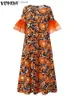 Basic Casual Dresses VONDA Women Bohemian Dress 2023 Autumn Mesh Ruffled Printed Holiday Sundress 3/4 Flare Sleeve Casual Loose Party Maxi Vestidos T231026