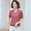 Pulls pour femmes T-shirt à manches courtes à col en V 2023 Été Pull pour mère d'âge moyen Haut polyvalent Solid Ice Thin