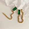 Pendientes de tuerca XIALUOKE Vintage Senior elegante circonita verde cadena metálica borla para mujer accesorios de joyería de moda