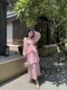 Casual Dresses Vintage Korean Sweet Pink V-ringen Elegant veckad lång klänning Kvinnor Sleeve Ruffled Ladies Backless Bandage Party Cake