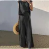 Women's Two Piece Pants Fashion Sets Womens Outifits Cotton Linen Suits Sleeveless Tops Loose Wide Leg Summer Casual Solid Matching