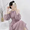 Casual Dresses Purple Off The Shoulder Ruffles Party For Women Sexy Club Fashion A-line Long Sleeve 2023 Spring Autumn Dress French