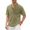 Camisas casuais masculinas 2023 linho v pescoço botões t polo masculino cor sólida manga curta algodão camiseta tops roupas masculinas