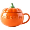 Mugs Halloween Creative Pumpkin Mug Ceramic Cup With Spoon Soup Lid Oatmeal breakfast For kids Tea Milk Coffee 231026