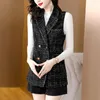 Damesvesten Koreaans Kantoor Dame Gilet Jas Vintage Zwart Tweed Vest Voor Dames V-hals Mouwloos Jassen Herfst Winter Elegant Bovenkleding