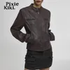 Women's Leather Faux Leather PixieKiki White Brown Faux Leather Jacket Fall Fashion Moto Racer Zip Up Short Coat Y2k Clothes Women Streetwear P67-HZ20 231026