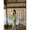 Ethnic Clothing 2023 Summer Elegant Green Hanging Neck Slim Sleeveless Cheongsam Dress With Cardigan Cloak Qipao Modern Women Casual Loose