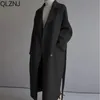 تمزج صوف المرأة معطف طويل من الخندق المخلوط Jacke الفاخرة الشتوية للسيدات بيج الأنيقة الأزياء الكورية سترة سوداء مع حزام 231026