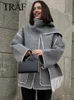 Women's Wool Blends TRAF Winter Women Woolen Coat Patchwork Tassel Coats With Scarf Long Sleeve Pocket Single Breasted Jacket Woman Outerwear 231026