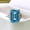 925 Sterling Silver Vintage Created Moissanite 10 14mm Rectangle Aquamarine Engagement Ring Womens Wedding Party Fine Jewelry321V