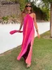 Basic Casual Dresses Sexy Strapless Gradient Halter Maxi Robes Women Contrasting Colors Loose Elegant Dresses Lady Backless Sleeveless Long Beachwear T231026