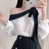 Women's Blouses Spring Autumn Off-the-shoulder Slant Collar Slotted Color-block Bow Tie-up Long-sleeved Ladies Shirt Woman Top 103e