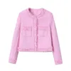 Women's Jackets Pink Fringe Fur Shoulder Pad Tweed Jacket Blazer Boucle Crop Coat for Women Spring 231026