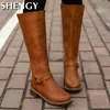 Buty kobiety proste skórzane skórzane zabytkowe rycerz kwadratowe buty na obcasie wysoka klamra zamek błyskawiczny w stylu brytyjskie buty żeńskie 231025