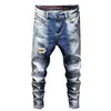 Calças de brim masculinas homens rasgados magros lápis calças calças de motocicleta streetwear retalhos cor gradiente slim fit denim homem Clothin253J