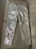 Pantaloni da donna Y2k stile Cargo in vera pelle da donna a vita alta 2023 moda coreana Streetwear pantaloni argento Shinny