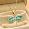 Hanger Kettingen Mode Goud Kleur Blauw Gesimuleerde Opaal Dragonfly Ketting Voor Vrouwen Inlay Crystal Bruiloft Sieraden Gift Haar