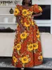 Podstawowe sukienki swobodne Vonda Bohemian Letnia sukienka 2023 Vintage Floral Prinred Short Puff Sleeve Maxi Sundress Women Belted Casual Holiday Long Robe T231026