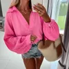 Kvinnors blusar Casual Lantern Sleeve Shirts For Women Spring Autumn Lapel V Neck Elegant Ladies Office Work Blus Solid Pink Tops Blusa