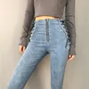 Jeans para mujer Mujeres de cintura alta Sexy Mujer con cordones Negro Azul Elástico Flaco Lápiz Pantalones Mujer Cremallera Wash Denim Pantalones