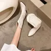 Boots White Knee High Cowboy for Women Autumn Pu Leather Chunky Heels Woman Plus Size 42 Pointed Toe Western Botas 231025