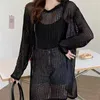 여자 스웨터 한국 중공 아웃 선 스크린 풀오버 여성 후드 빈티지 여름 캐주얼 부드러운 통기성 간단한 스트리트웨어 소녀 패션