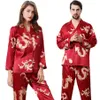 Women Silk Satin Pajamas Set 2PCs Full Sleeve Top Trousers Chinese Style New Year Dragon Printed Lounge Men Couple's Pyjamas 290u