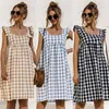 Casual Dresses Summer Women Plaid Dress Square Collar Butterfly Sleeve Loose Sexy Backless Ladies Midi Sundress Vestidos262L