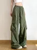 Calças femininas wsevypo exército verde baggy carga elástica cintura cordão letras imprimir calças compridas soltas com bolsos streetwear