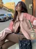 女性の革のフェイクレザーディープタウンピンクのジップアップクロップドジャケット