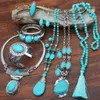 Küpe Kolye Moda Vintage Doğal Turquoises Kadınlar İçin Taş Kolye Bilezik Yüzüğü Tassel Kazak Zinciri Boho Takı Setleri