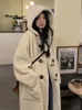 Women's Wool Blends Winter Fluffy Jacket Women Vintage Casual Lamb Wool Long Coat Female Korean Fashion Long Sleeve Horn Button Hooded Plush Outwear 231026