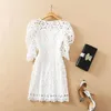European and American women's clothing 2021 The new spring Puff sleeves seven-part sleeves hollowed out Fashion white dress298Z