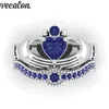 Vecalon Lovers Blue Birthstone claddagh ring 5A Zirkoon Cz Wit goud gevuld Engagement trouwring ring Set voor vrouwen mannen Gift246f