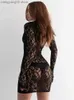 Basic Casual Dresses Black Lace Low-cut Long Sleeve Mini Dresses See Through High Waist Wrap Hip Women's Dress Sexy Summer Party Night Club Vestidos T231026