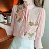 Women's Blouses Flower Embroidery Diamonds Stand Neck Bow Chiffon Pink Shirt Blouse Women 2023 Autumn Fashion Elegant Sweet Lace Up Top