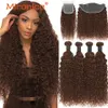 Synthetic Chocolate Brown Water Wave Human Hair 3 4 Bundles with Closure 100 Brazilian Weave 4 231025