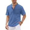 Camisas casuais masculinas 2023 linho v pescoço botões t polo masculino cor sólida manga curta algodão camiseta tops roupas masculinas