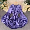 Summer Elegant Women Satin Mini Dress Long Sleeve Ruffle Belted Tunic Slim Vintage Shiny Sexy Short Party 2105132688