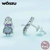 Stud WOSTU 925 Sterling Silber Bunte Zirkon Skarabäus Nach Unten Ohrringe Für Frauen Insekt Ohrstecker Mädchen Geburtstag Schmuck Geschenk YQ231026