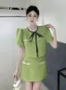 Vestidos de trabalho verão 2 peças roupa elegante feminina chique retro manga curta cortada topos camisa blusa mini saia mujer conjunto fino