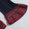 Byxor 15 år barn mode lösa jeans vintage röda och svarta rutiga stitching ruffles denim 231025