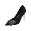 Dress Shoes Black Slim Heels Solid Suede Low Cut Pointed Bow High Amazon Cross-border