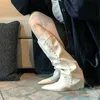 Lysande ben tunna vita byxor stövlar 2023 mesh röd fett mm spetsig lutning klack hög knälängd stövlar för kvinnor