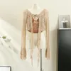 Women's Sweaters Vintage Lace Camisole Cardigan Set Printed Cropped Vest Lace-Up Bell Sleeve 2023 Spring Summer Casual 2pcs