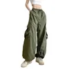 Calças femininas wsevypo exército verde baggy carga elástica cintura cordão letras imprimir calças compridas soltas com bolsos streetwear