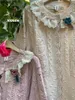 Женский трикотаж, милый кружевной лоскутный розовый свитер, пальто, японский Mori Kei Girl, круглый воротник, ажурный вязаный кардиган с длинными рукавами